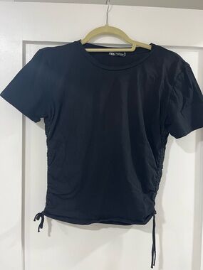 Zara Black Short-Sleeve Tee with Side Drawstrings